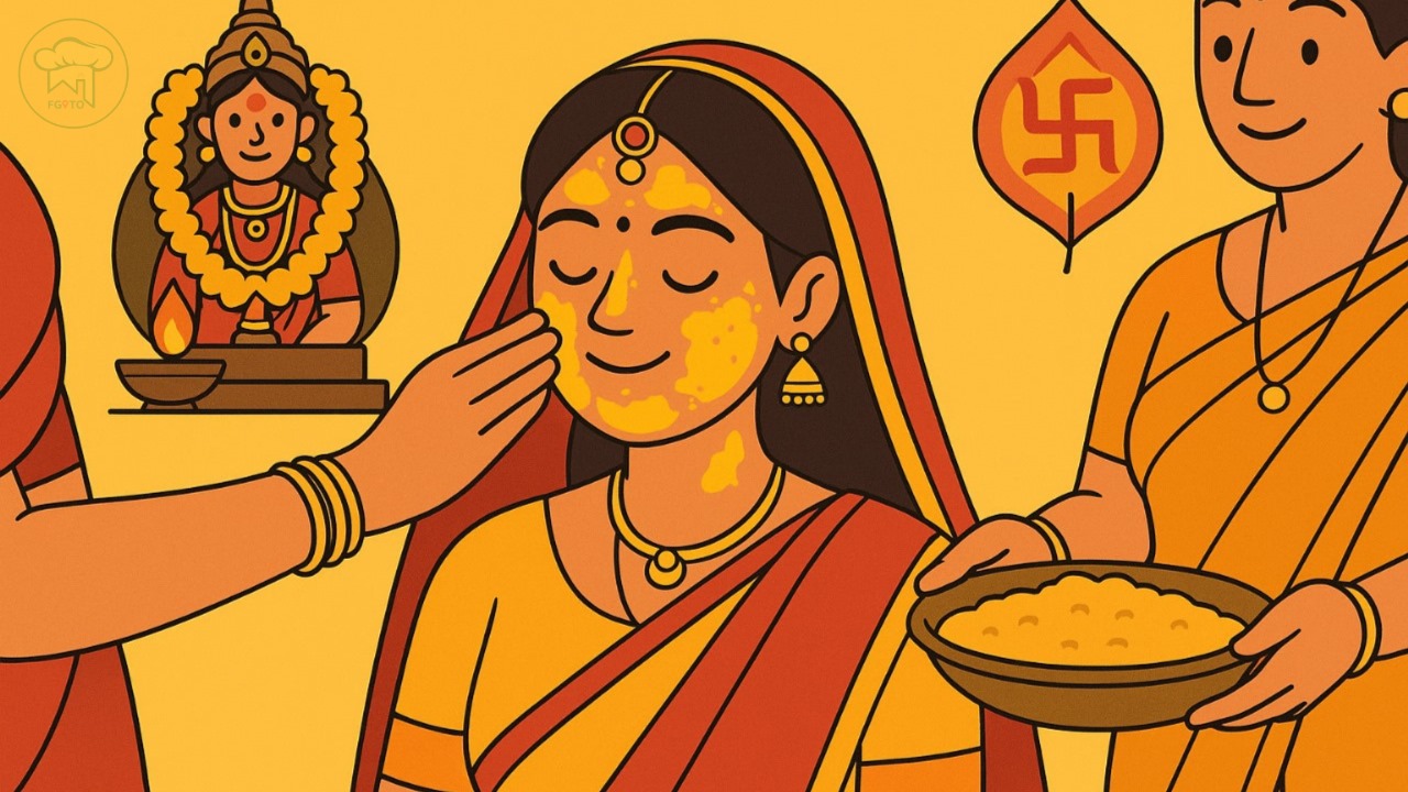 Elements of an Indian Haldi ceremony, illustrating its cultural significance, beauty applications, and well-being properties.