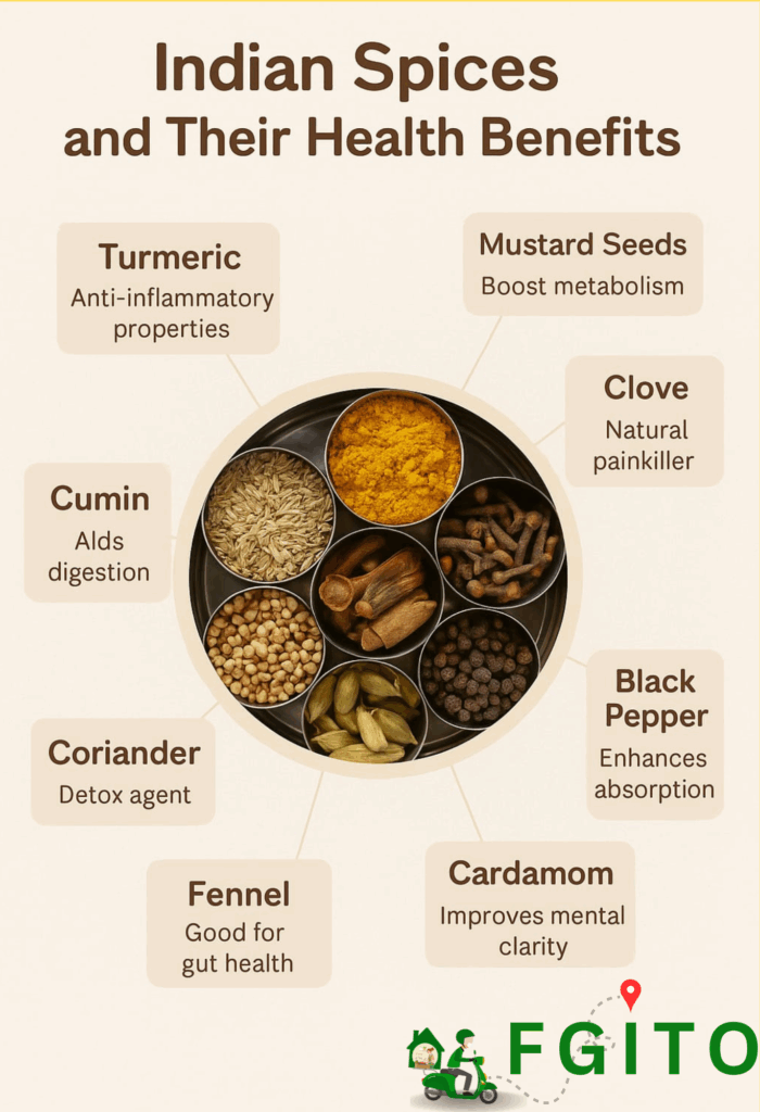 infographic, benefits of indian spices, haldi, corriander, dhaniya, turmeric, fennel, cardamom, ajwain, sauf, gut health benefits of indian spices in food and drinks, kali mirch