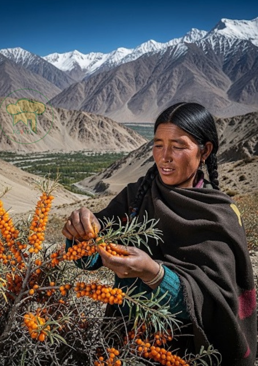 Sea buckthorn bushes thriving in the arid, high-altitude Himalayan regions of India.